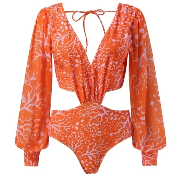 Women’s Orange One Piece Bodysuit Cutout Sides Swimsuit Sheer Sleeve Sz Med NWOT - Picture 5 of 7
